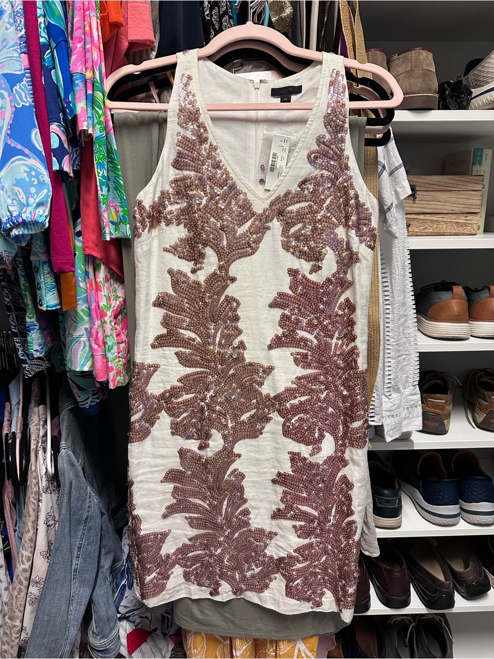 J. Crew White Mini Dress with Rose Gold Sequin Motif